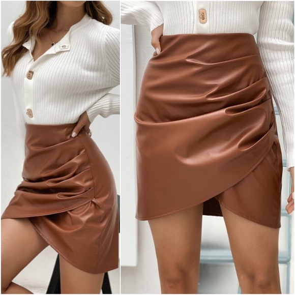 Bellanblue Dresses & Skirts - Chic Camel Ruched Tulip Hem Vegan Leather Mini Skirt Zipper